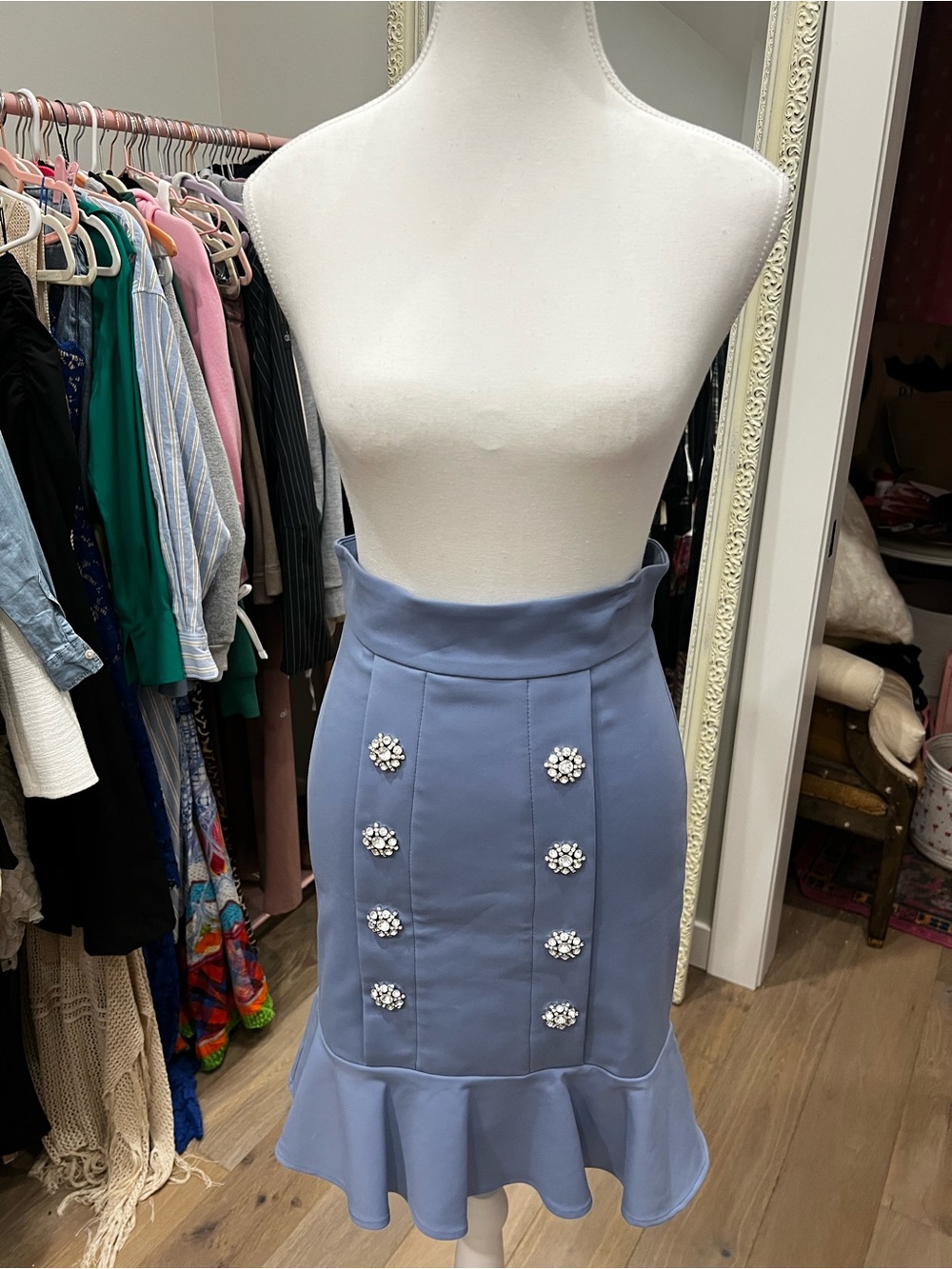 Dusty Blue High-Waist Pencil Skirt with Ruffle Hem and Decorative Buttons